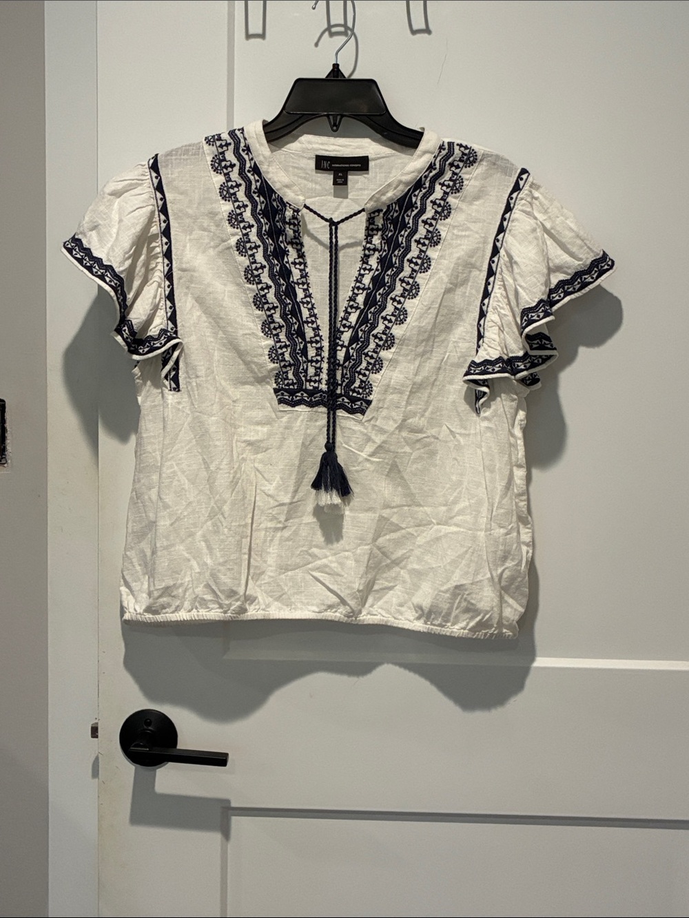 INC International Concepts Cotton Peasant Blouse with Navy Embroidery.    B31